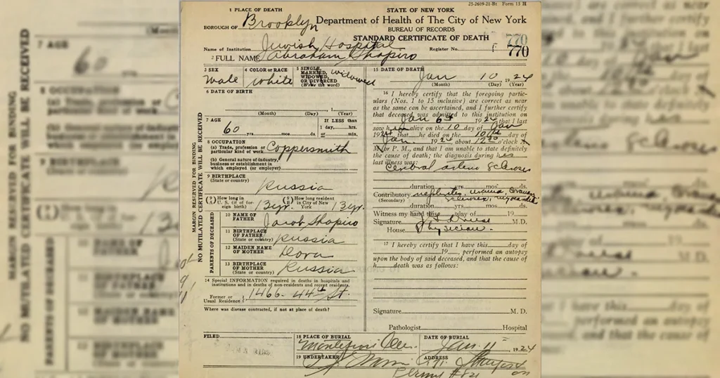 Пасведчанне аб смерці прадзеда Фрэнсін Абрама Шапіры.